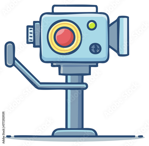 Retro cartoon camera on a tripod with a red lens and silver handle