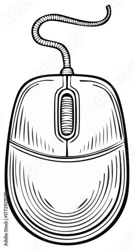 Ink drawing of a computer mouse with a cord in black and white.