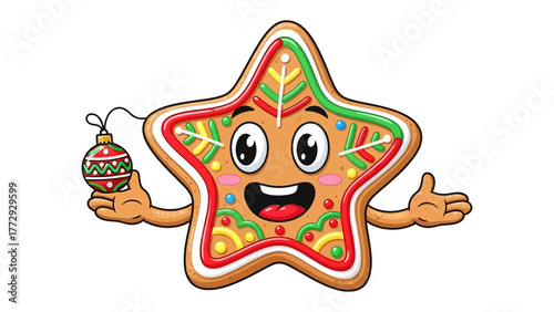 Whimsical Holiday Ornament Star: A charming star-shaped cookie character cheerfully holds a festive ornament. Its whimsical design and bright colors evoke the joy of the holiday season.