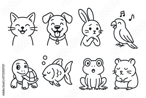 Cute animal faces: cat, dog, rabbit, bird, turtle, fish, frog, hamster designs