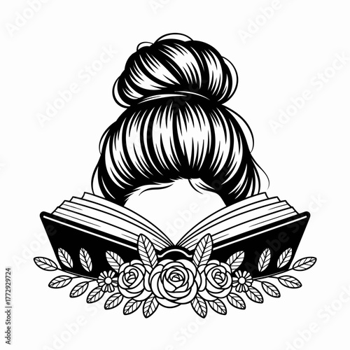 Woman reading book with messy bun and roses illustration