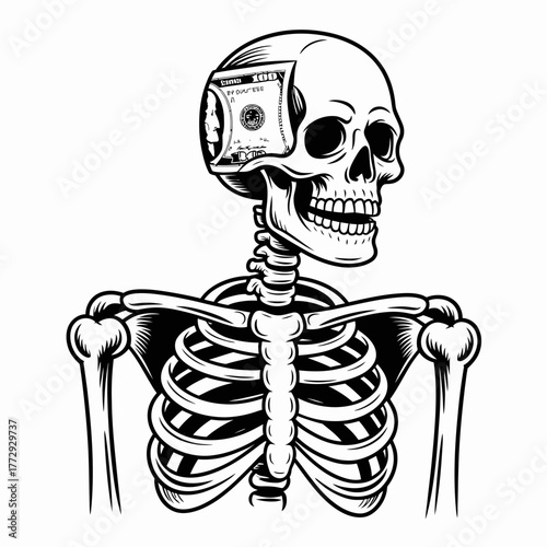 Skeleton with us dollar bill in its skull symbolizing greed and death