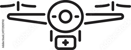 Line art icon of a drone carrying medical supplies, representing fast and efficient healthcare delivery