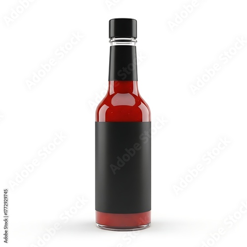 A red hot sauce bottle with a black label and cap mockup