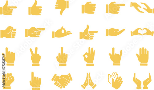 Hand gesture icons set. Collection of hand gesture icons representing various actions and emotions for graphic design and communication, isolated on transparent background. Vector illustration.