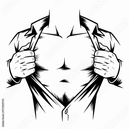 Man ripping open shirt revealing muscular chest and abs