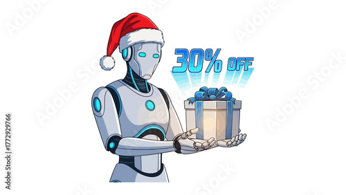 Festive Bot's Discount: A sleek robot, donned with a Santa hat, presents a gift, conveying the message of a generous 30% discount. A clever fusion of technology and holiday spirit.