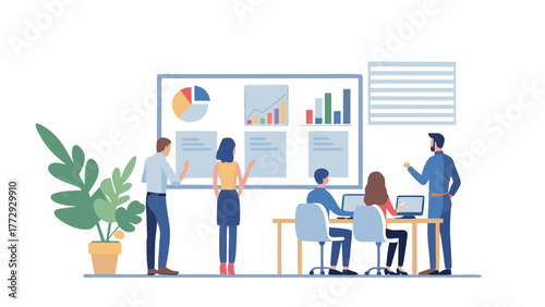 Diverse team of professionals collaborating and analyzing data charts on a whiteboard during a business meeting
