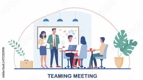 Diverse team of professionals collaborating in a modern office meeting room discussing ideas on a whiteboard and using a laptop