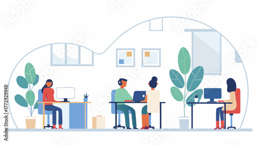 Modern office environment with diverse employees working at desks with computers and plants illustrating collaboration and productivity