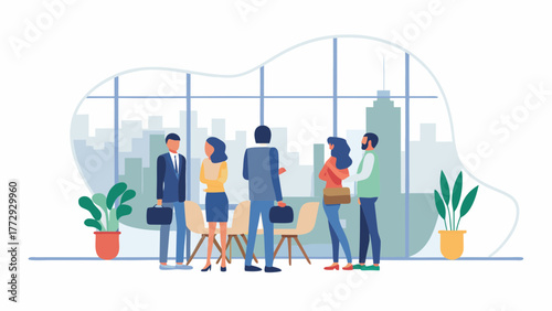 Diverse group of business professionals in modern office meeting room with city skyline view through large windows