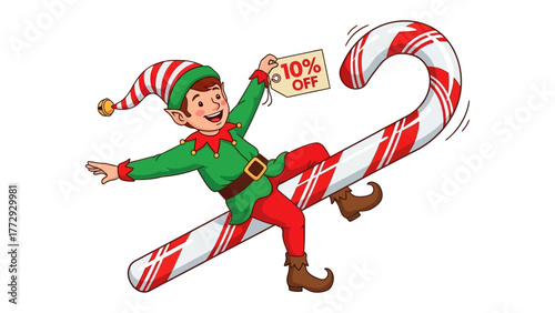 Festive Elf Offering Discount: A joyful elf rides a candy cane, offering a 10% Off discount tag, symbolizing festive cheer and promotional savings.