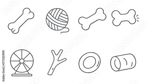 Pet icon set: bone, yarn, hamster wheel, chew toy, dish, tunnel