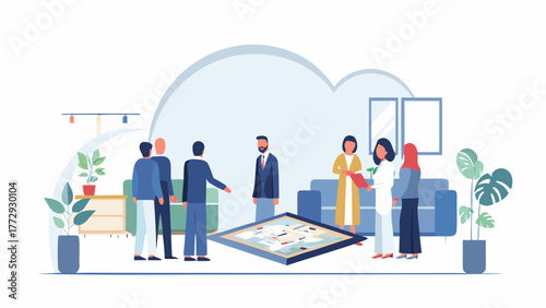 Diverse group of business professionals collaborating around a large board game or strategy map in a modern office setting