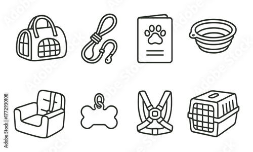 Pet accessories icons: carrier, leash, bowl, chair, toy, crate