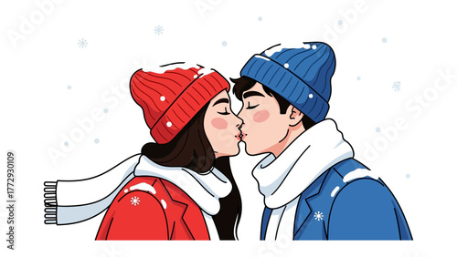 Kiss in Winter Wonderland: A tender embrace of a couple sharing a loving kiss, enveloped in a gentle snowfall amidst a picturesque winter landscape. 