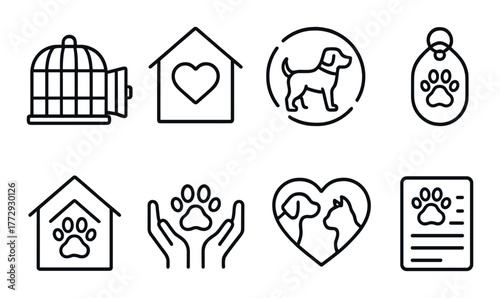 Pet care icons: dog, paw, shelter, love, cage, hands, heart, document