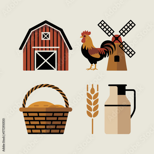 Farm icons including barn rooster windmill basket wheat and milk jug