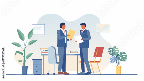 Two businessmen in suits discussing documents and collaborating in a modern office setting with plants and desks