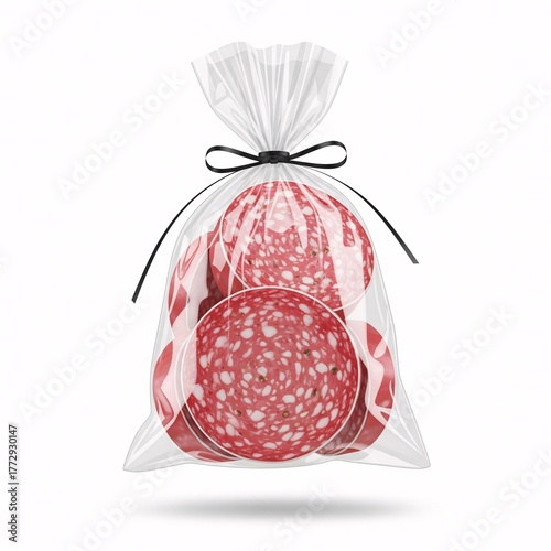 Salami slices in a clear plastic bag tied with a black ribbon on a white background studio shot