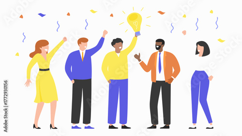 Diverse group of people celebrating a brilliant idea with a glowing lightbulb and confetti in the air