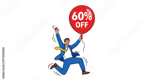 Discount Triumph: A cheerful individual is buoyed by a vibrant red balloon emblazoned with a prominent 60% off message, their jubilant pose conveying the joy of a great deal.