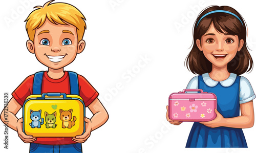 Children holding lunchboxes illustration, cartoon kids, school snack moment, healthy eating gesture, vector art, cheerful faces, personalized containers