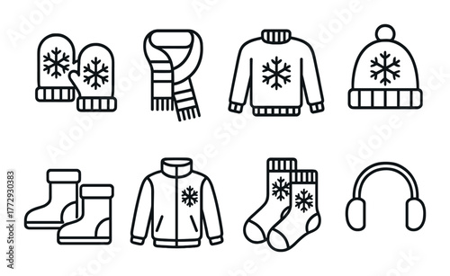 Winter clothing icons: mittens, scarf, sweater, hat, boots, socks, ear muffs