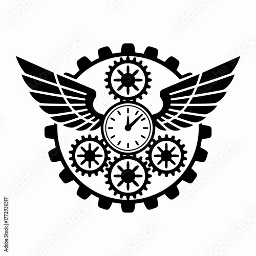 Steampunk emblem with wings gears and clock face