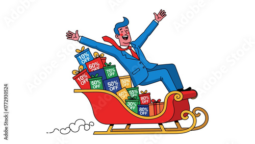 Deals on Wheels: An energetic individual, surrounded by gift boxes, rides a festive sleigh, celebrating the thrill of a shopping spree. Deals, savings, and happiness come together.