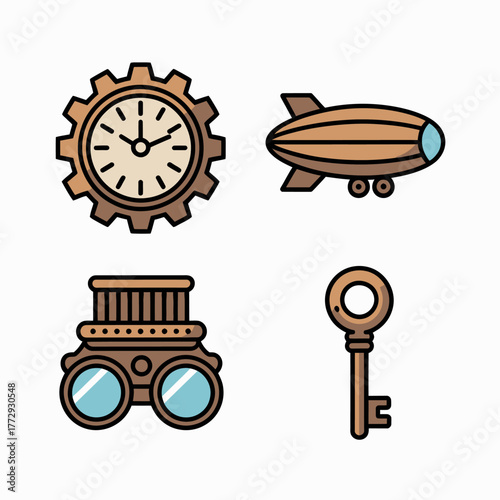 Steampunk icons featuring clock airship goggles and key