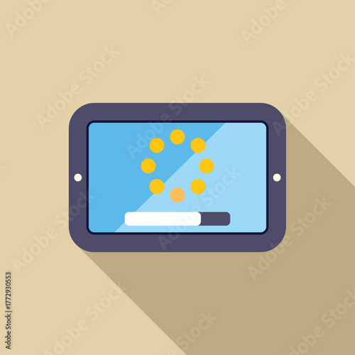 Modern tablet displaying loading status bar and buffering icon, indicating ongoing process or download
