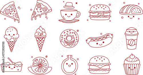 Collection of food icons with smiling faces in red outline style on transparent background