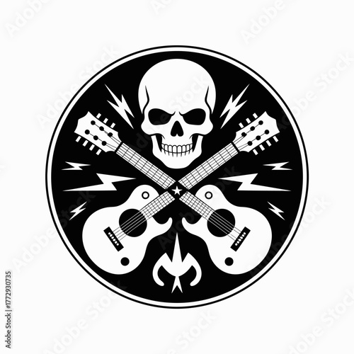 Skull and guitars emblem with lightning bolts