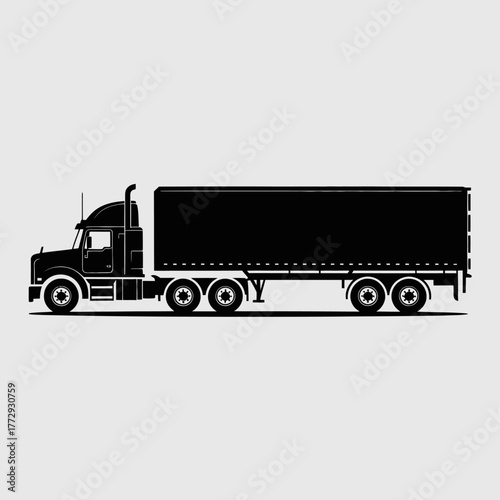 Black silhouette of a semi truck with a long trailer on a white background