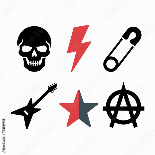 Collection of rock and roll and punk rock symbols in a graphic illustration