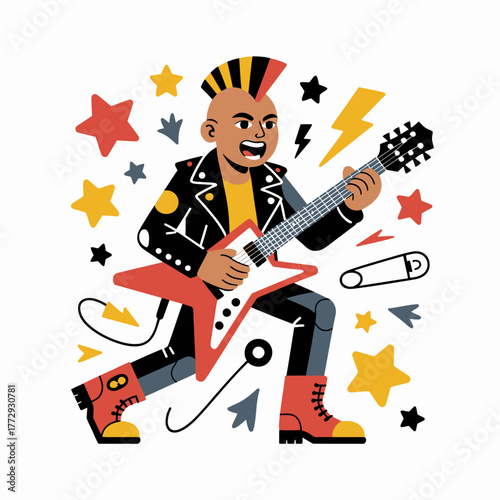 Energetic punk rocker playing electric guitar with mohawk and leather jacket