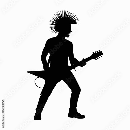 Silhouette of a punk rock musician playing a guitar with a mohawk