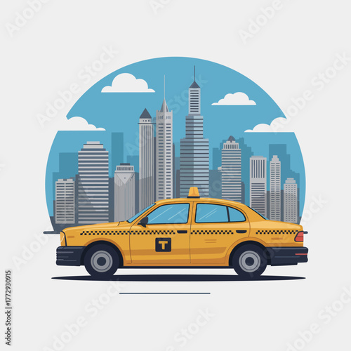 Yellow new york city taxi cab in front of skyline illustration
