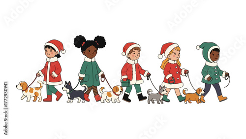 Festive Holiday Parade: A charming illustration depicts a diverse group of children joyfully strolling together, each accompanied by their own adorable canine companion in a festive holiday scene.