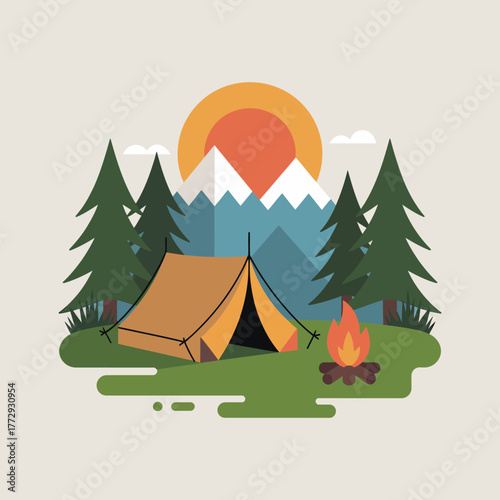 Cozy campsite scene with tent mountains and campfire at sunset