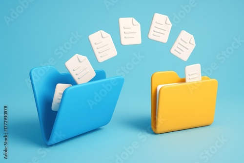 Blue and yellow folders exchanging documents on a cyan background