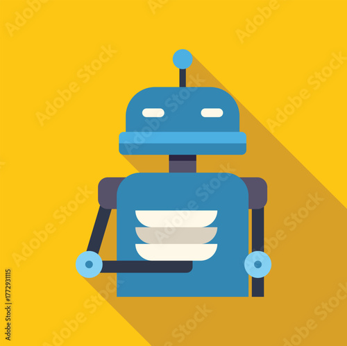Blue robot holding plates, providing food service, automation concept