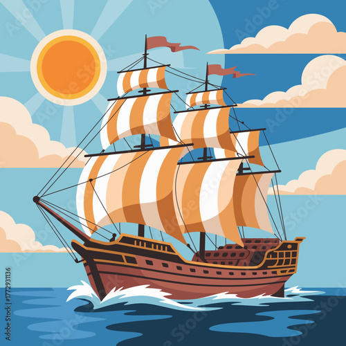 Historic wooden sailing ship with full sails on a sunny day