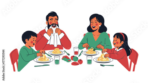 Family Dinner Delight: A loving family savors a delightful meal together, creating lasting memories. The illustration emphasizes the joy of togetherness and shared moments over food.