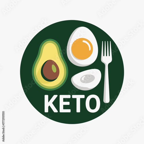 Keto diet foods avocado egg and fork icon on dark green circle