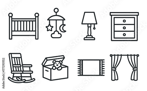 Nursery furniture icons: crib, lamp, dresser, rocking chair, toy box, curtain