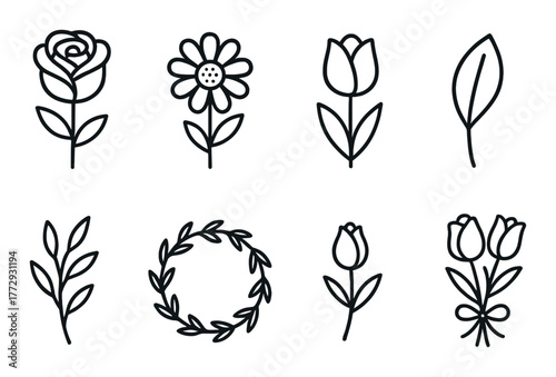 Set of simple floral icons on dark background