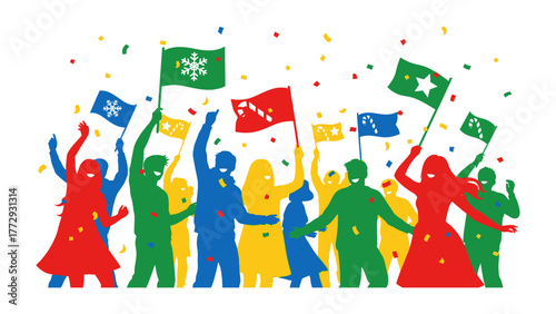 Joyful Celebration: A vibrant gathering of diverse individuals comes together, waving flags and sharing laughter amid a shower of confetti, celebrating unity and joy.