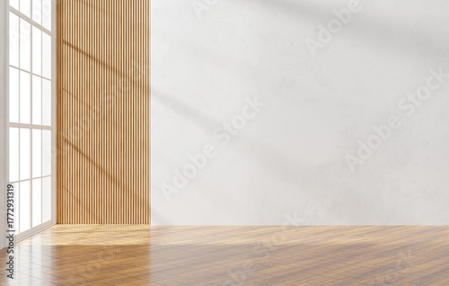 Fototapeta Naklejka Na Ścianę i Meble -  White wall empty space background with window light for architecture showing space 3d rendering	
